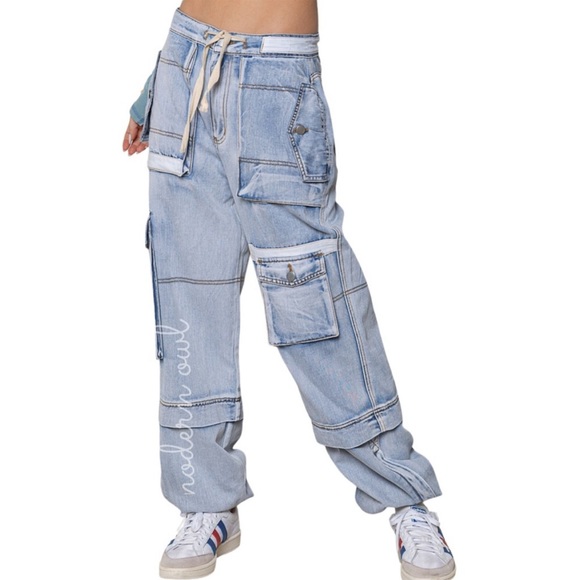 POL Baggy Cargo Jeans with Elastic Leg Openings - Picture 3 of 7
